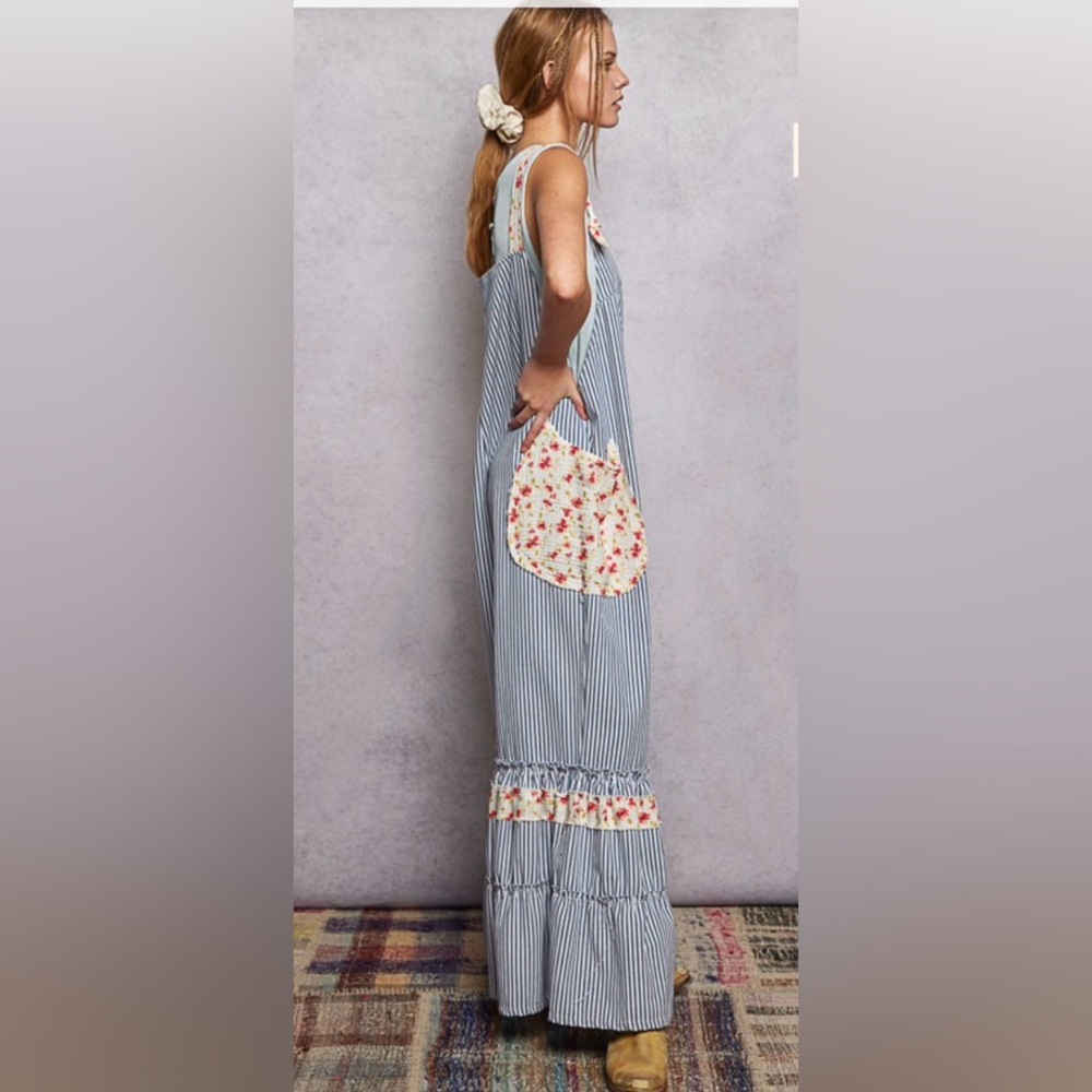 POL Striped Blue and White Wide Leg Ruffled Overalls with Floral Accents - Picture 3 of 6